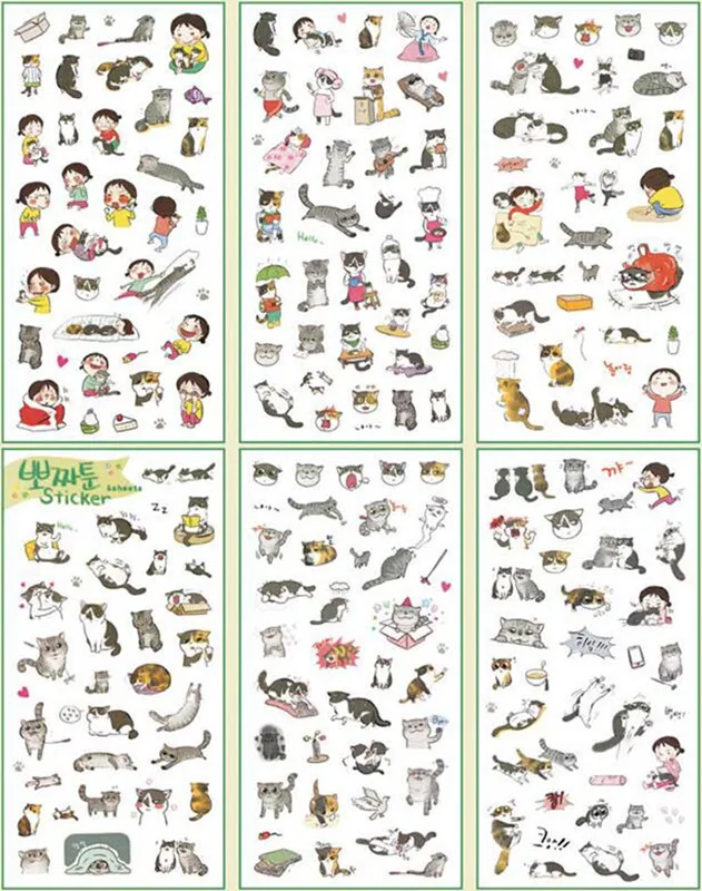 6 листов/упаковка милые Мультяшные наклейки для кошек Kawaii ПВХ девушка липкая бумага DIY Скрапбукинг для украшение дневника студентов канцелярские принадлежности