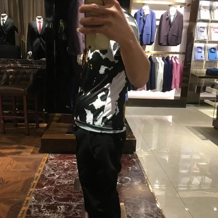 European fashion brand sky blue camouflage clothes summer short sleeve T-shirt men thin horse &amp man printing round colla | Мужская