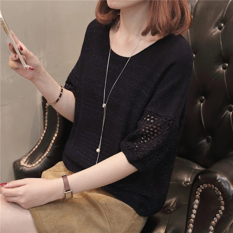 fashion summer women knitwear thin ice silk o-neck lantern half sleeve hollow loose Tops casual knitted all match sweatersFemale | Женская