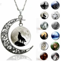 fashion full moon aggressive wolf pattern crescent moon pendant necklace glass cabochon dome accessories jewelry birthday gift