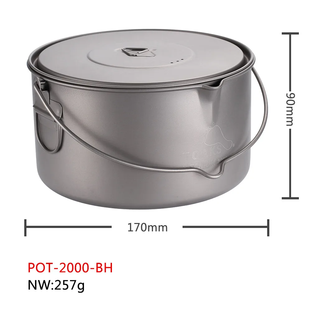 TOAKS Titanium Pot With Hang Foldable Handle For Outdoor Camping Cookware Picnic Hang Pot Ultralight 1100ml 1300ml 1600ml 2000ml