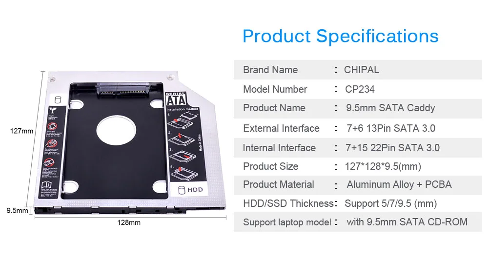 CHIPA алюминиевый Универсальный 2-ой HDD Caddy 9,5 мм SATA 3,0 двойной светодиодный для 2," жесткий диск SSD чехол Корпус для ноутбука CD-ROM Optibay