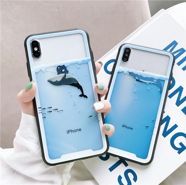 Милый синий кит чехол для телефона для iphone X чехол s для iphone XR XS Max 6 6S 7 8 Plus жесткое стекло прозрачный полный защитный чехол