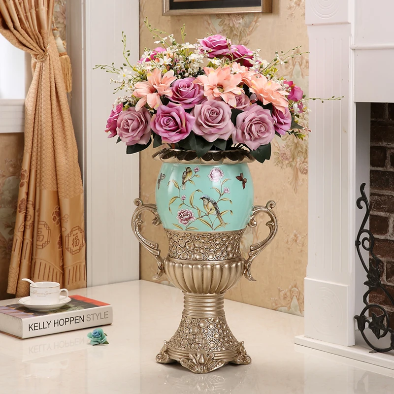 

European Luxury Hotel Resin Floor Vase Figurines Decoration Home Livingroom Porch Fake Flower Pots Accessories Office Ornaments