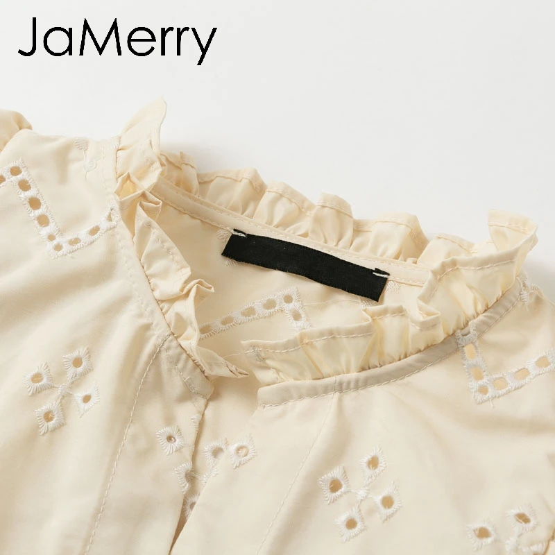 JaMerry Elegant embroidery lace blouse women Summer short sleeve ruffle hollow out tops Fashion ladies solid blouses and tops