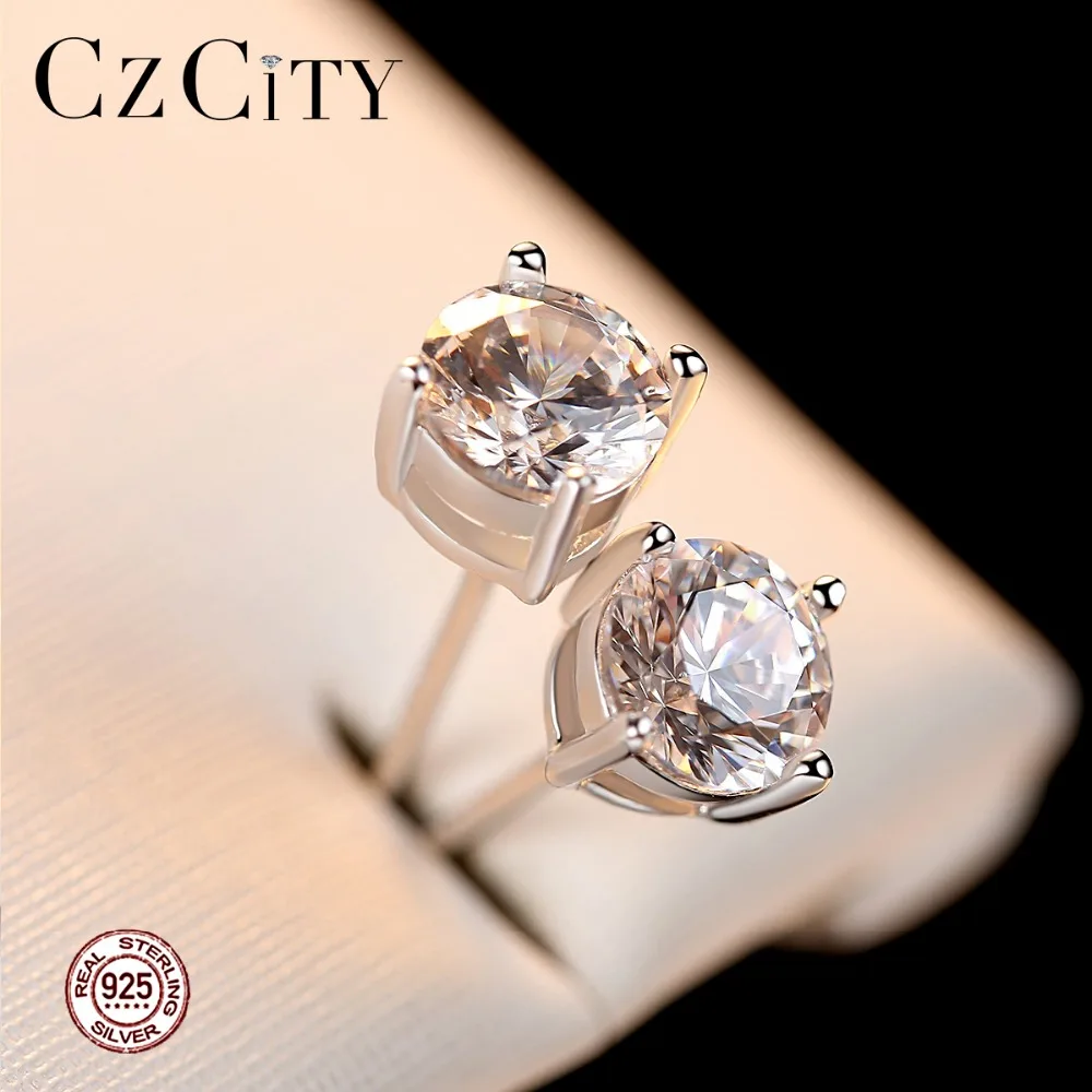 Czcity стерлингового серебра 925 Классический Романтика Алмаз Циркон Серьги для 2017