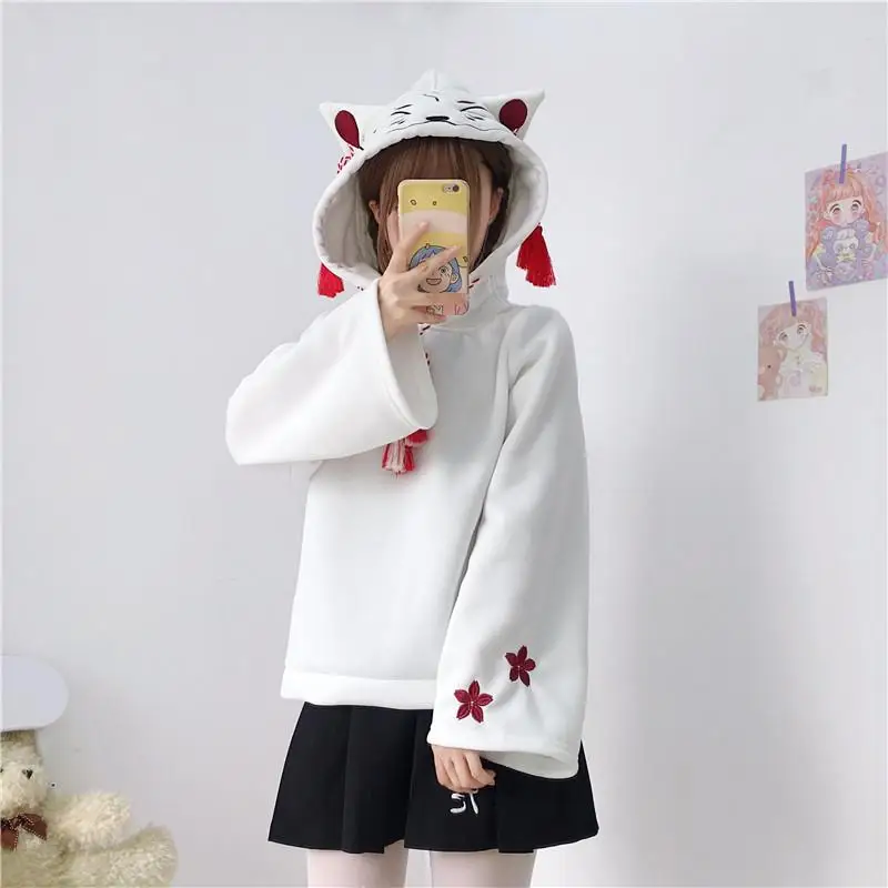 White Japanese New Kawaii Embroidery Anime Women Hoodies Mori Girl Tassel Lazy Plus Velvet Long Sleeves Casual Sweet Hoodie Sweatshirt - Цвет: White