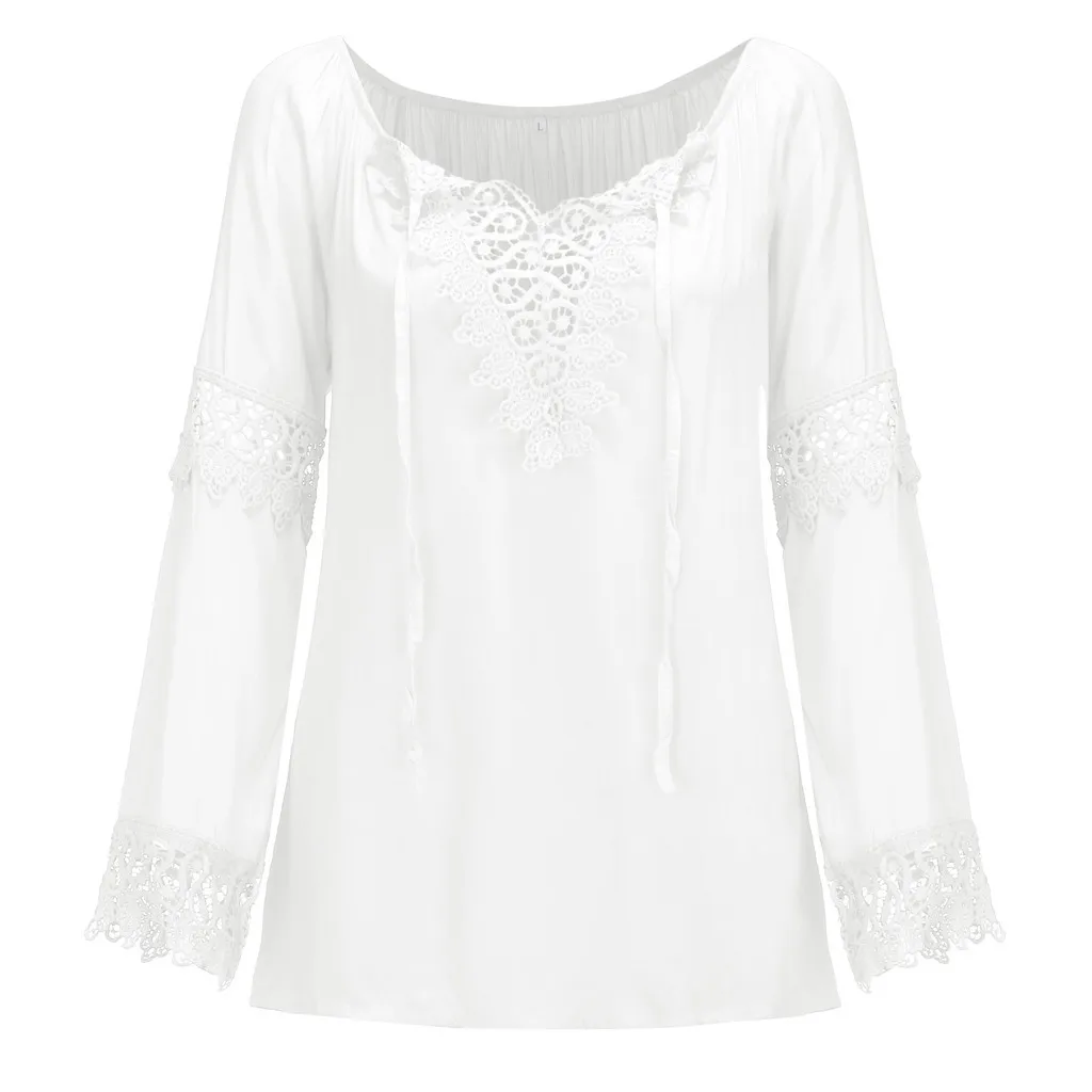Размера плюс S-5XL Женские топы с открытыми плечами Boho одноцветные женские сексуальные кружевные с длинным рукавом Блузка Топы Свободного Покроя blusas mujer de moda