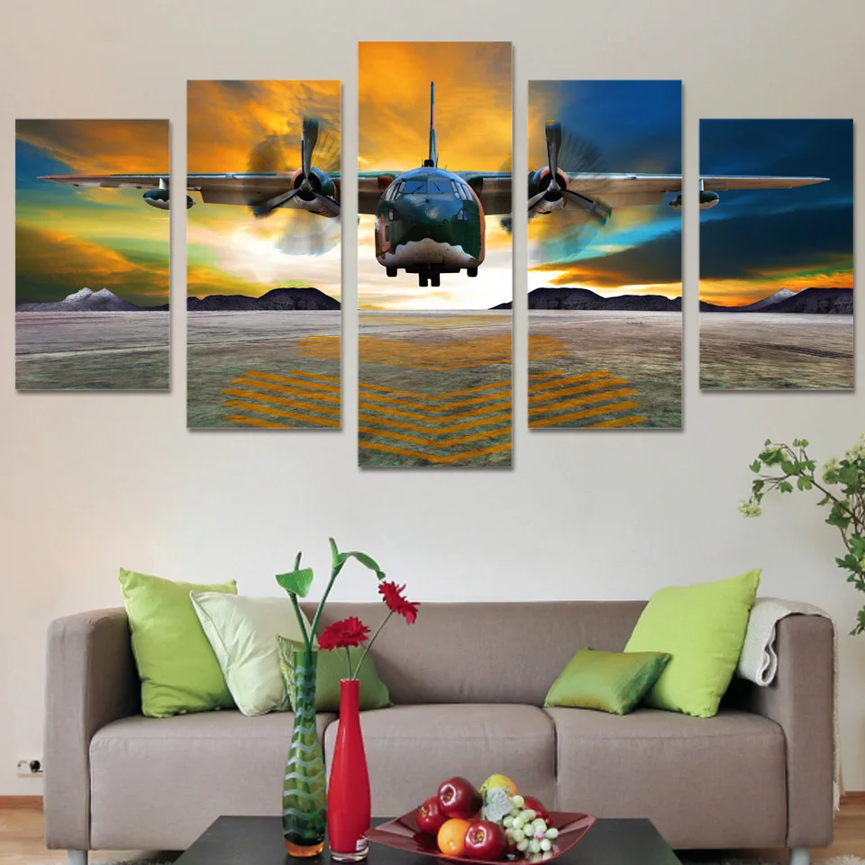 

HD Prints Posters Framework Canvas Living Room Home Decor 5 Pieces Airplane Fly Sunset Paintings Jet Aircraft Pictures Wall Art