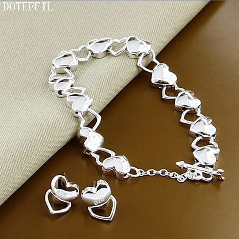 

DOTEFFIL 925 Sterling Silver Heart Bracelet Earring Set For Woman Wedding Engagement Party Fashion Charm Jewelry