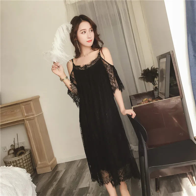 Новинка ночная рубашка для женщин сорочка на бретелях спагетти кружевная с