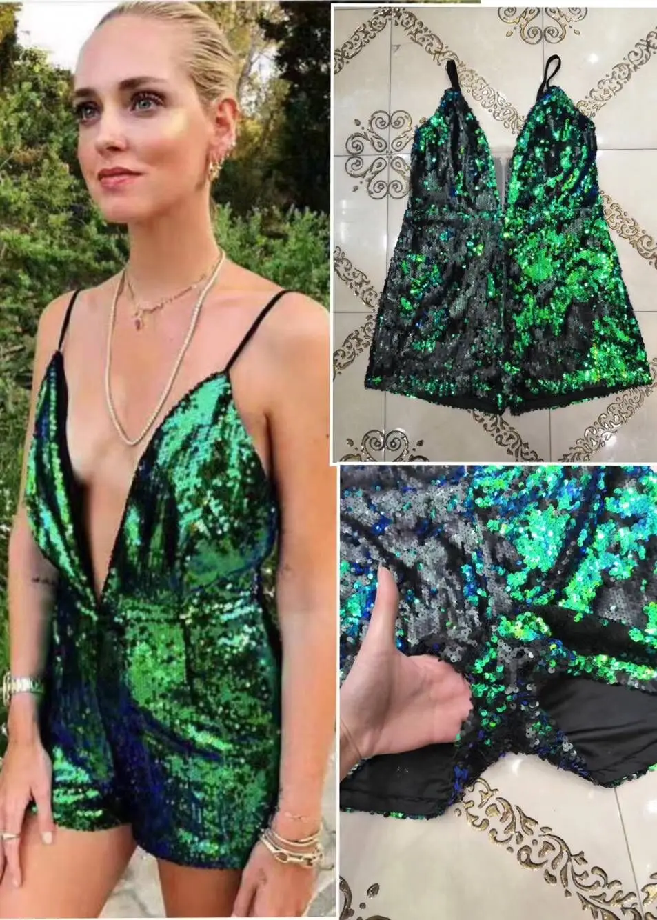 

Top Quality Sexy Women Playsuit V-Neck Sequined Green Hight Street Playsuits New Fashion