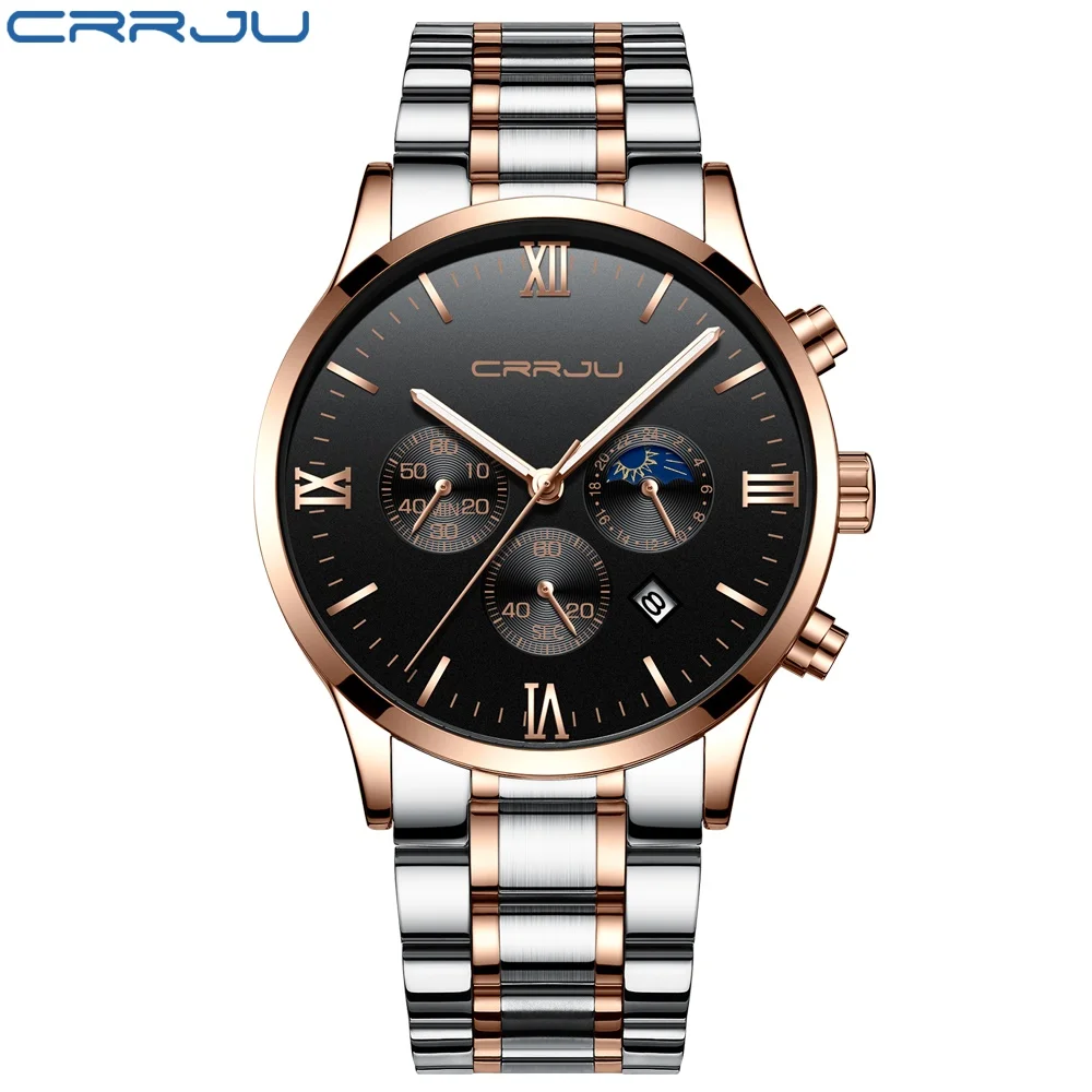 Steel rose black Мужские кварцевые часы с большим лицом CRRJU бизнес секундомер часы с кожаным ремнем светящиеся мужские Ретро спортивные часы Relogio Masculino - Цвет: Steel rose black