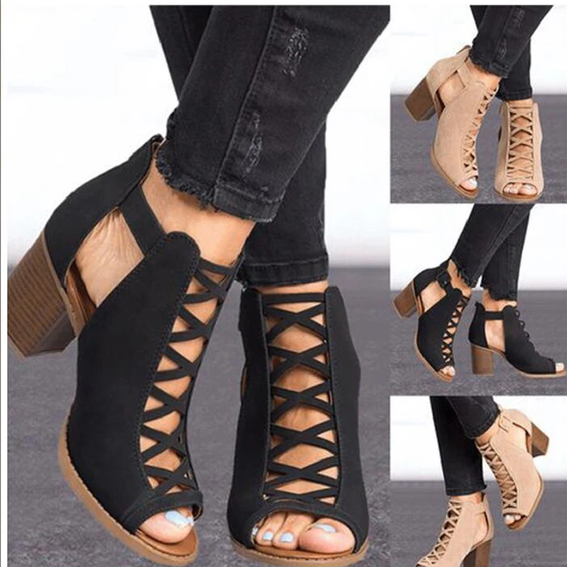 HEE GRAND Sandals Women Thick Heel Pumps 2019 Sexy Style Peep Toe Heels Flock Leather Spring Shoes Zipper WXG564 | Обувь