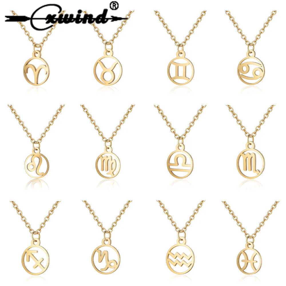 

Cxwind 12 Zodiac Sign Pendant Necklace Stainless Steel Horoscope Astrology Round choker Necklace For Women Constellation Jewelry