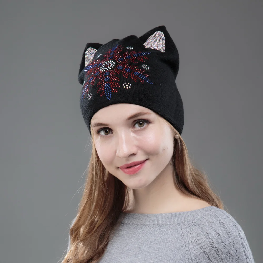 Новый дизайн женские шапочки Милая зимняя шапка для девочек с кошачьими ушками и