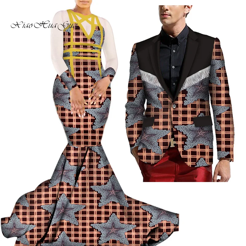 African Mermaid Bazin Riche Dresses for Couples Dashiki African Couple Clothing Women's Dress+Men's Blazer 2 Pieces Set WYQ275