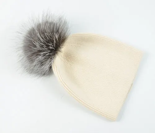 Beige silver fox Женская шапка из меха енота с помпонами, Весенняя теплая вязаная Повседневная Высококачественная модные шляпы, Женская Шерстяная Вязаная Шапка-бини - Цвет: Beige silver fox