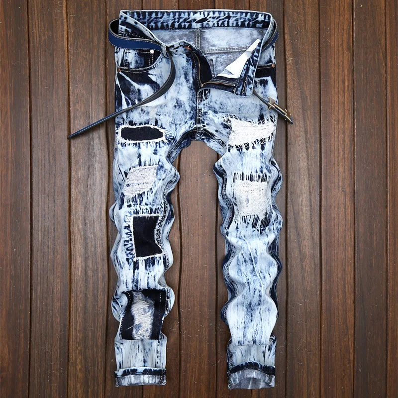 Модные Для мужчин S Рваные джинсы Брюки для девочек тонкий Homme Fit Denim мужской