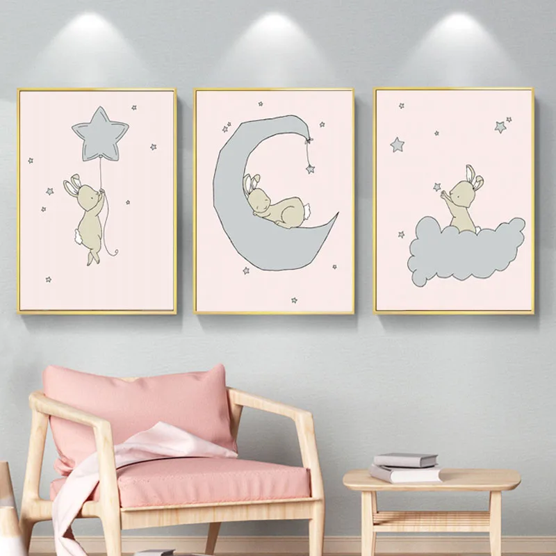 Pink and Gray Poster Bunny Nursery Art Prints Canvas Painting Girls Bedroom Decorative Pictures Kids Wall Decor | Дом и сад