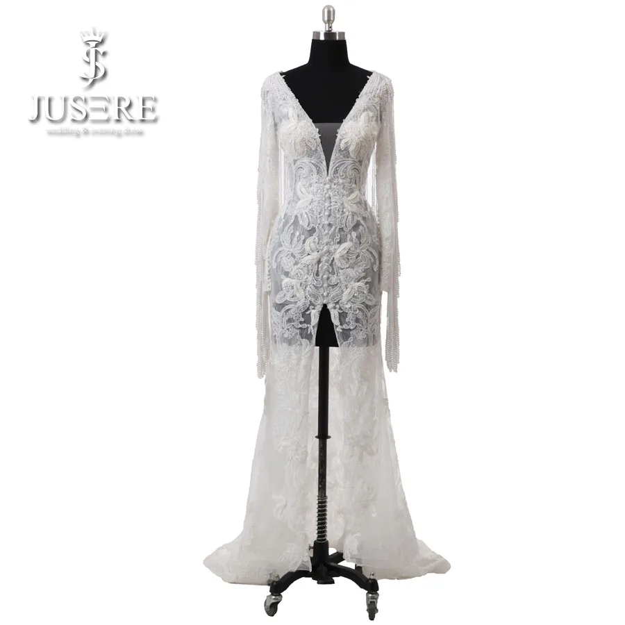 Аппликации из слоновой кости Глубокий v образный Вырез свадебные платья Иллюзия