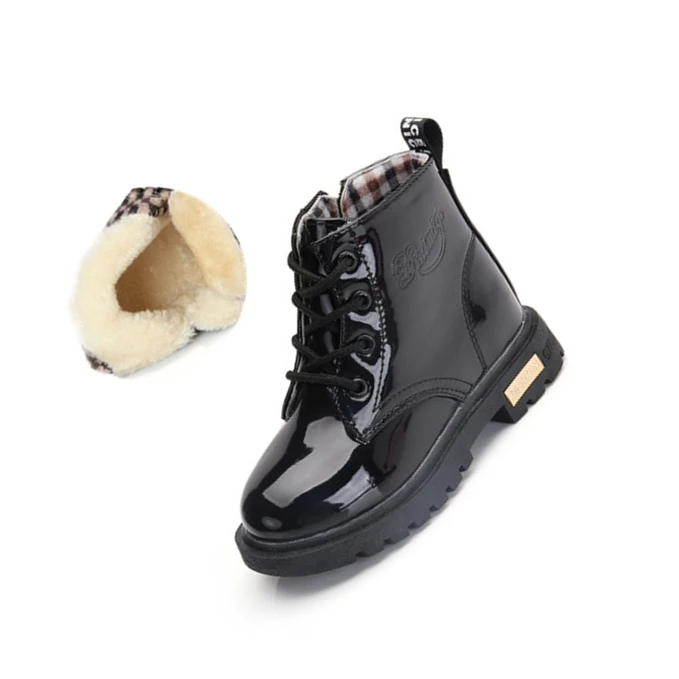 Black with plush Новинка года; модные детские ботинки; кожаные водонепроницаемые ботильоны; сезон осень-зима; теплые детские зимние ботинки; обувь для мальчиков и девочек; 020 - Цвет: Black with plush
