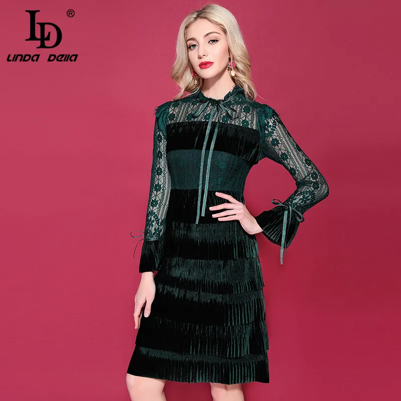 Женское винтажное платье LD LINDA DELLA кружевное бархатное с длинным рукавом и