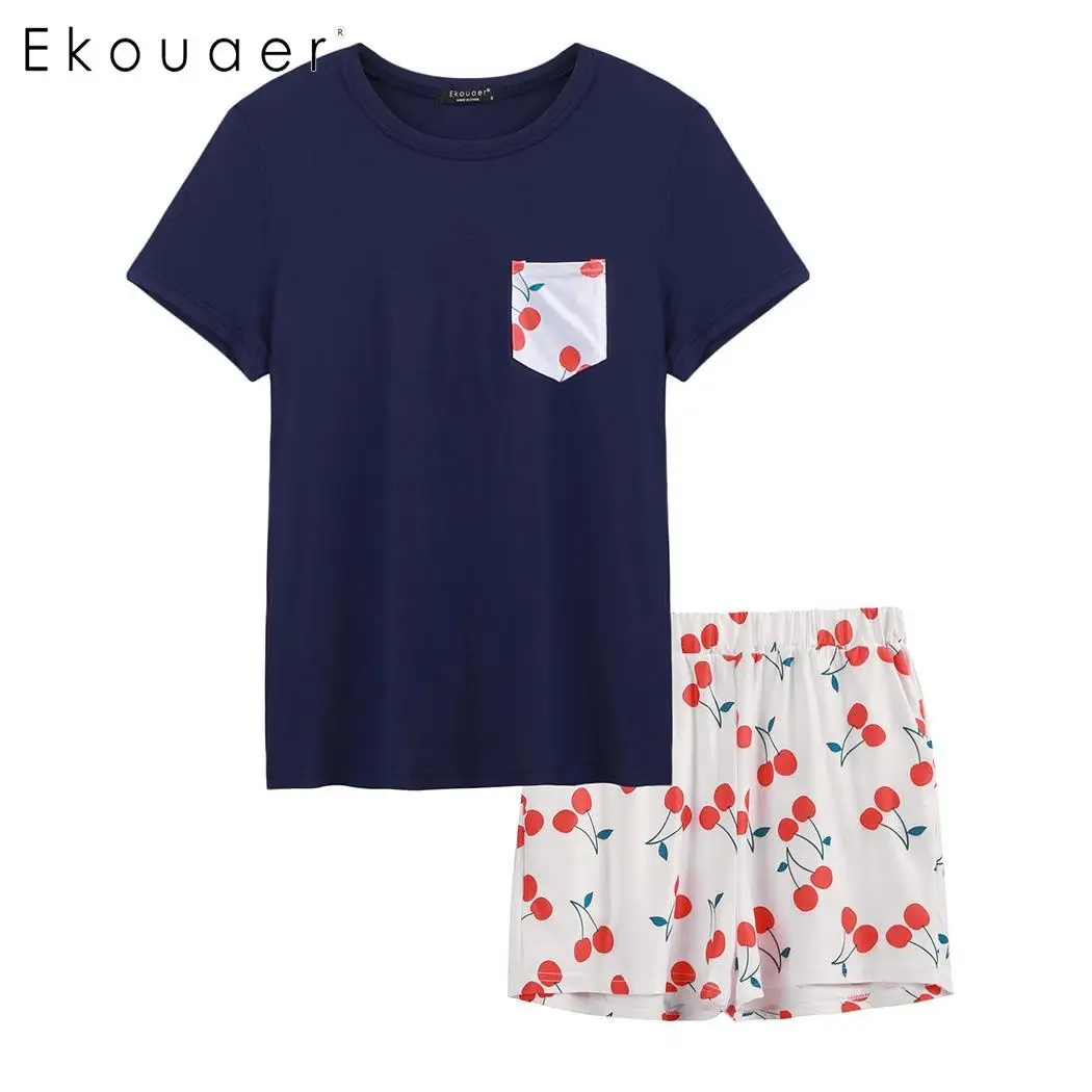 navy blue Ekouaer пижамный комплект, Женский Топ с коротким рукавом, шорты с принтом, пижамный комплект, мягкая Пижама, женская пижама, комплект, летняя Домашняя одежда, 3 цвета - Цвет: navy blue