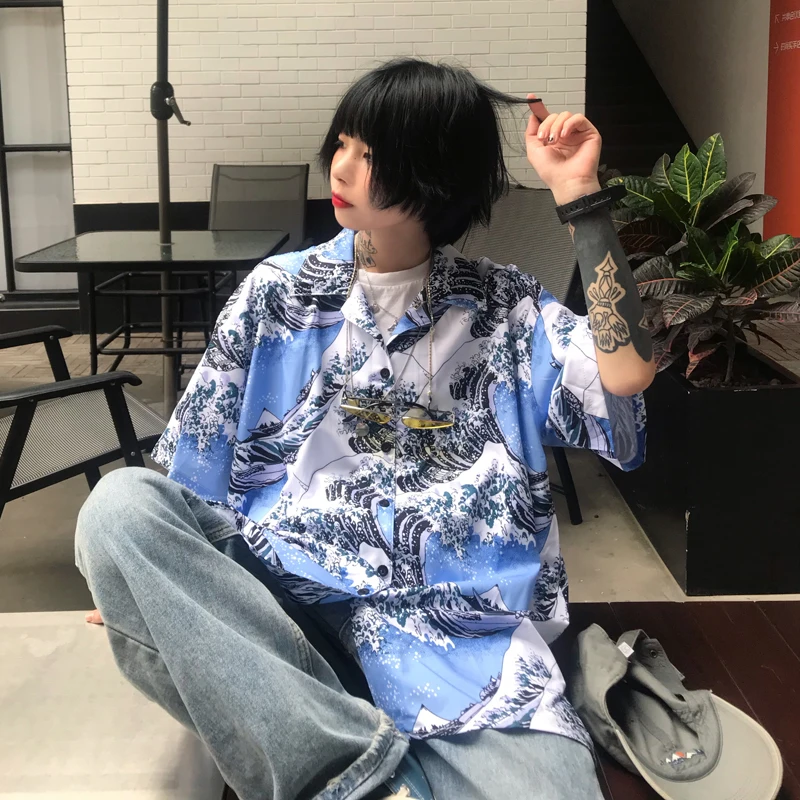 Женская Свободная блузка Harajuku с короткими рукавами и волнистым принтом летняя
