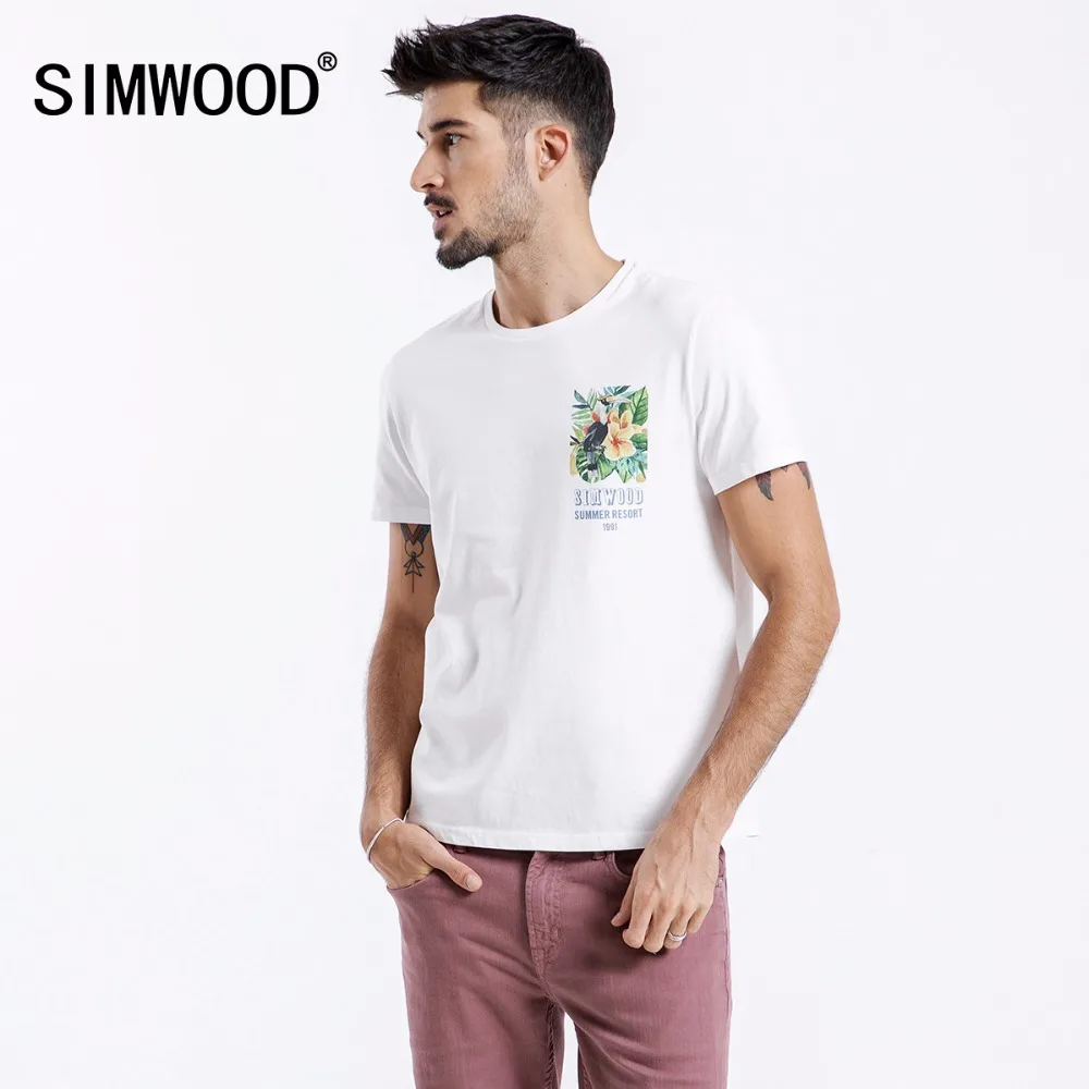 SIMWOOD, летние мужские футболки, чистый хлопок, облегающие, подходят размера плюс, повседневные топы, футболки с принтом, брендовая одежда, 180314