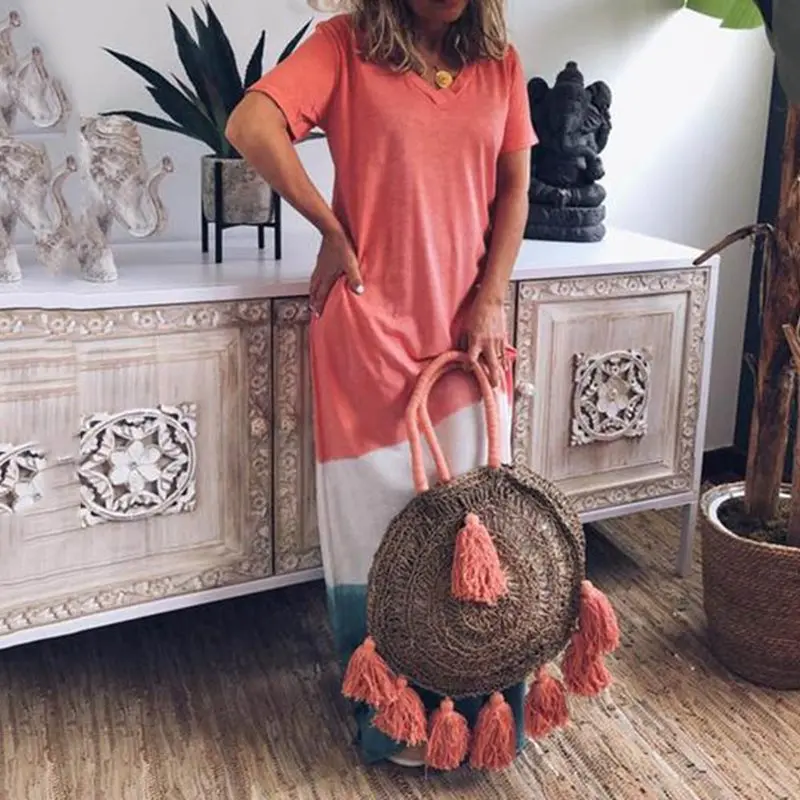 Летнее богемное Элегантное повседневное оранжевое длинное женское платье для