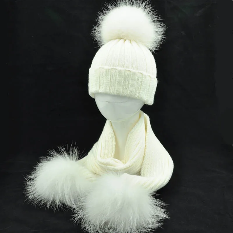 White match fur Зимний Детский комплект из шапки и шарфа, теплая плотная эластичная вязаная шапочка для мальчиков и девочек, меховая шапка с помпоном и шарфом, комплект для детей - Цвет: White match fur
