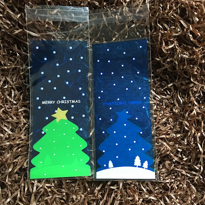 100 шт пищевые упаковочные мешки для печенья синяя Рождественская елка печать