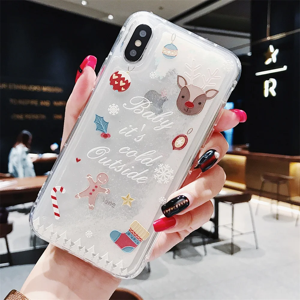 Белый Снежный Жидкий чехол для iPhone 7 8 Plus XS Max XR X милый Рождественский узор Прозрачный чехол для iPhone 6 6S Plus 10 TPU+ PC чехол