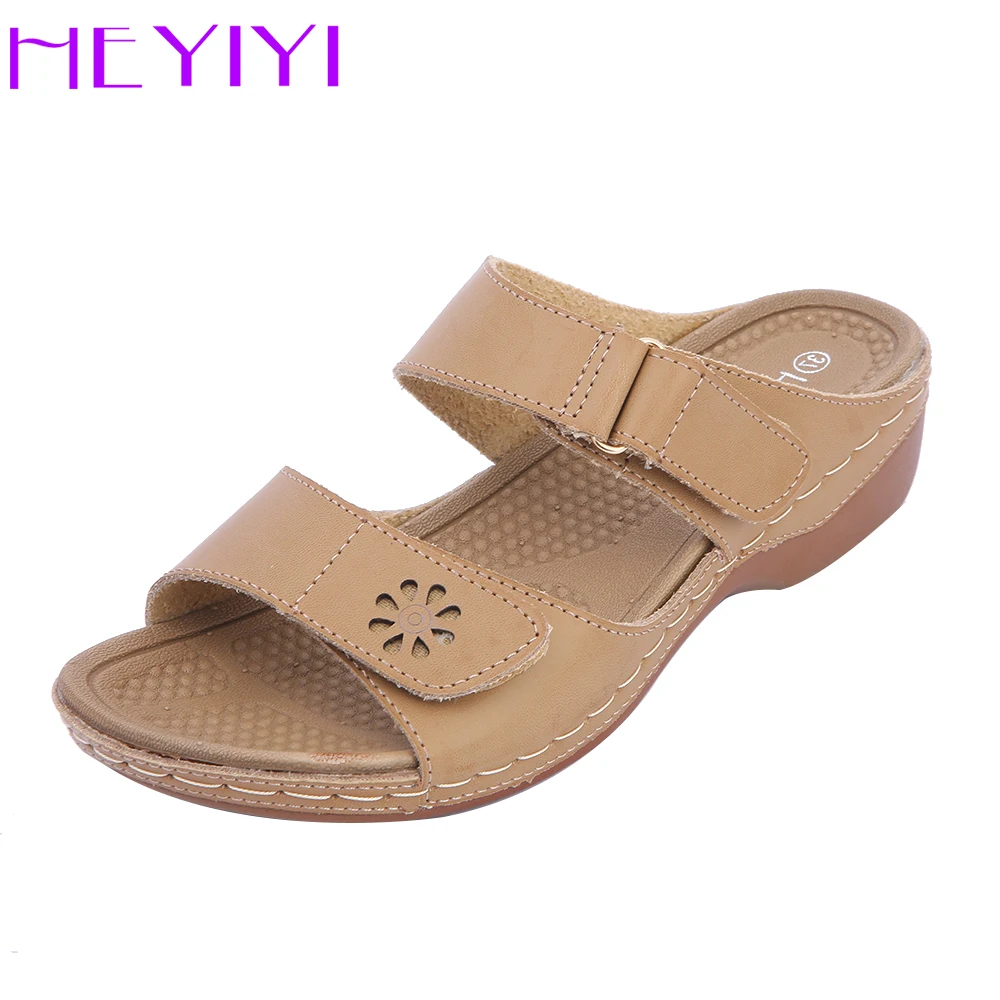 Women Slippers Platform Casual Rome Sewing Square Heels Leisure Summer Hook&amploop PU Patent Leather Light-weight Shoes HEYIYI | Обувь
