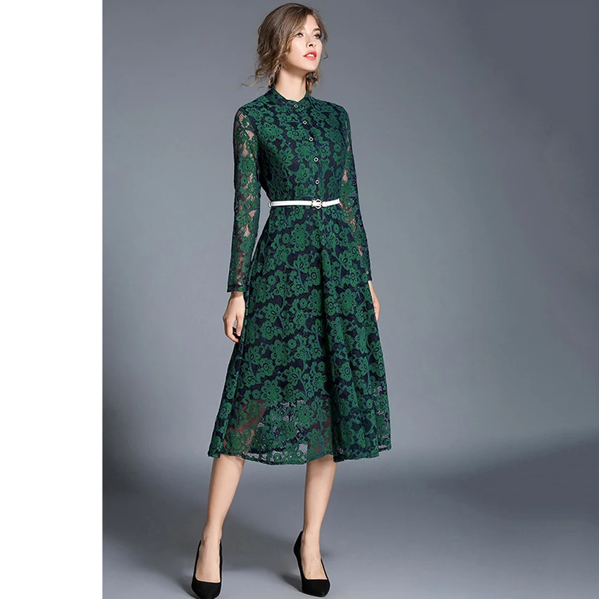 2017 осеннее платье элегантное женское кружевное с длинным рукавом винтажное