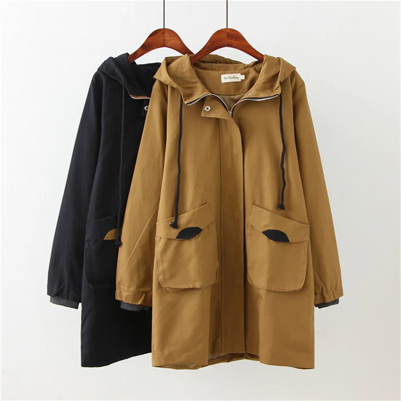 Новинка осени 2019 Свободная Женская ветровка с капюшоном длинным рукавом