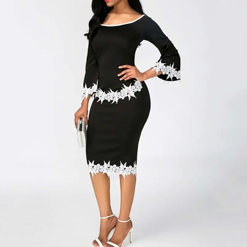 Офисное элегантное облегающее платье для женщин с расклешенными рукавами