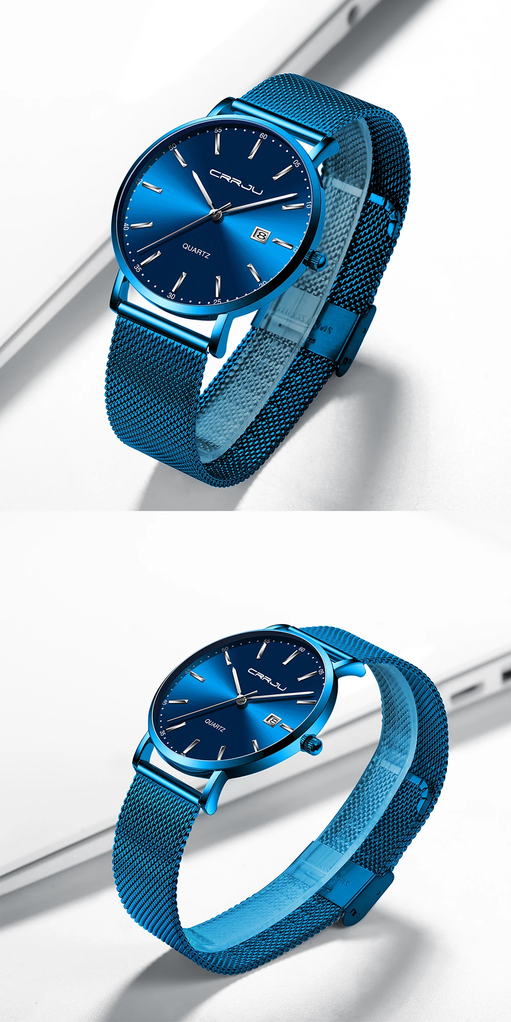 Reloj hombre CRRJU Лидирующий бренд Роскошные Синие водонепроницаемые часы тонкие Стильные повседневные кварцевые часы с датой мужские спортивные часы с сетчатым ремешком