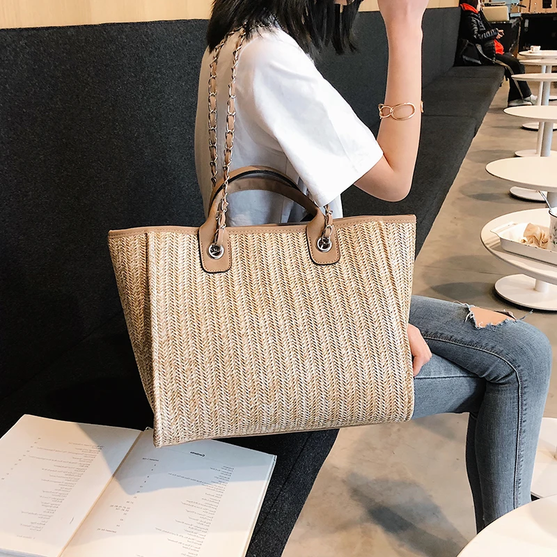 Women's Summer Bag New Style Large Capacity Chain One Shoulder Fashion Luxury Designer Simple Grass Woven Totes Handbag | Багаж и