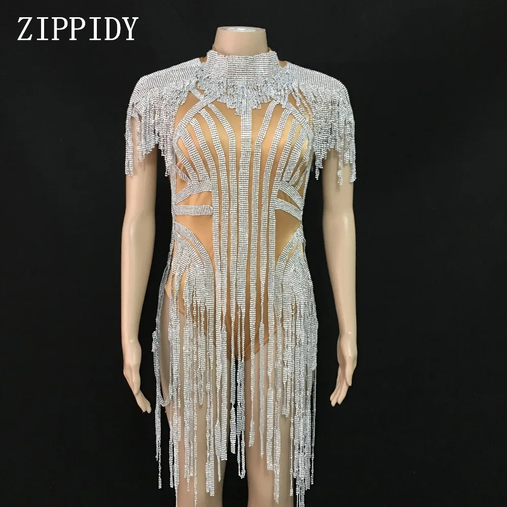 2019 New design Sparkly Silver Fringes Bodysuit Women Celebrate Costume Female Singer Tassels Leotard Performance Dance Wear