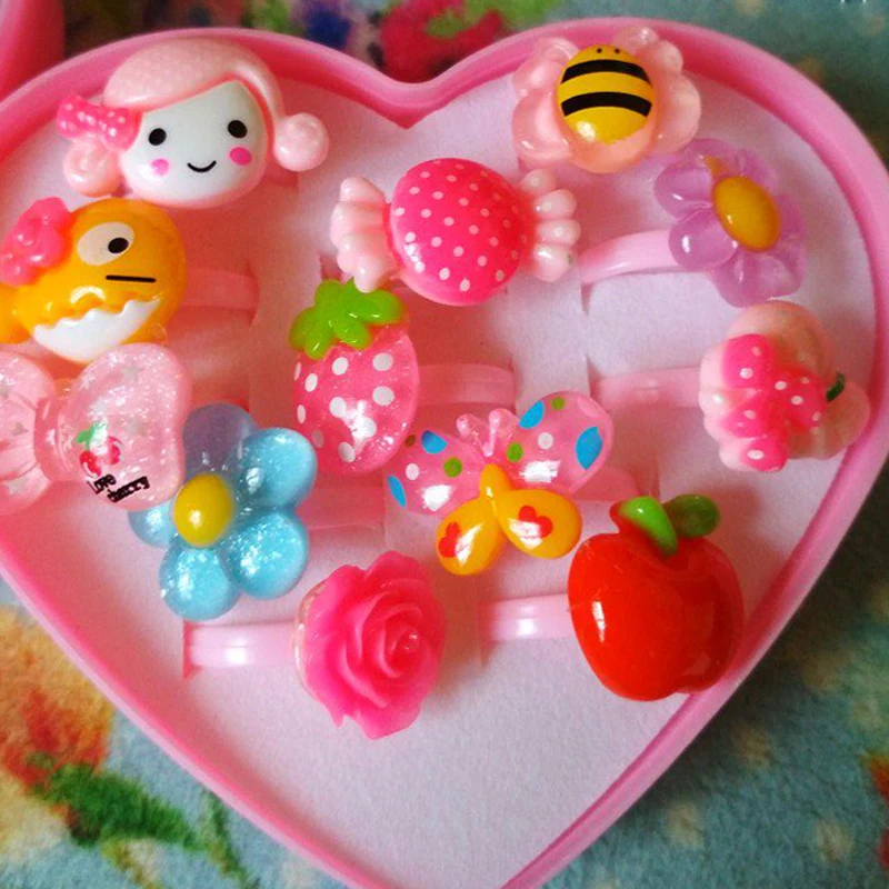 12pcs Children's Cartoon Rings Baby Kids for Girls Flower Animal Ring Set Mix Finger Jewery with Display Box | Украшения и