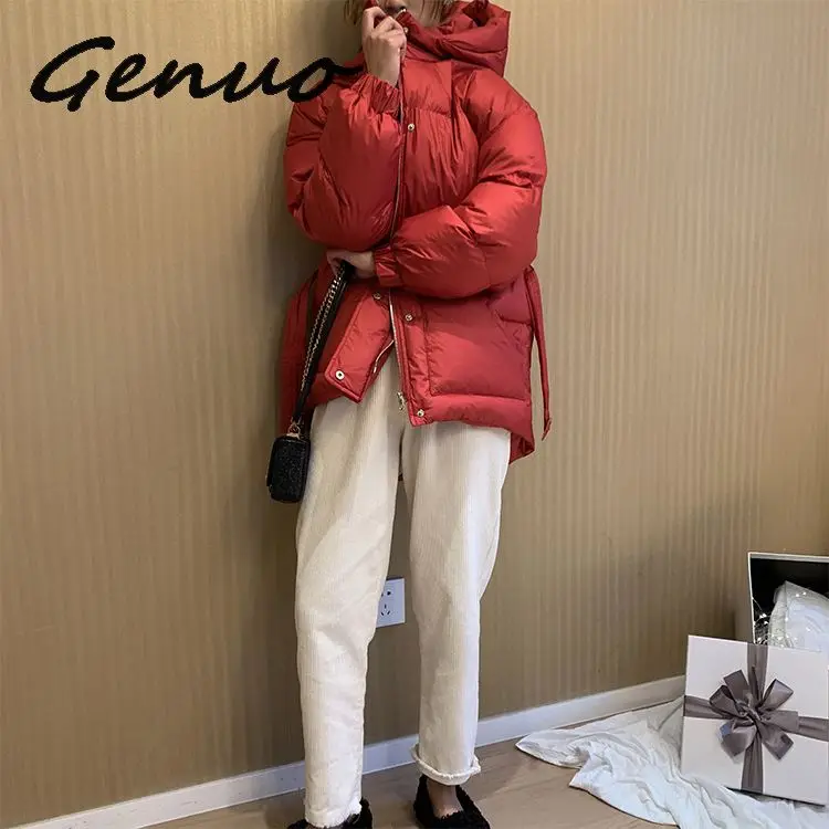 Genuo New Three Color Solid Women Parkas Hooded Zipper Single Breasted Coat Winter Thick Korean Fashion Sashes Jacket