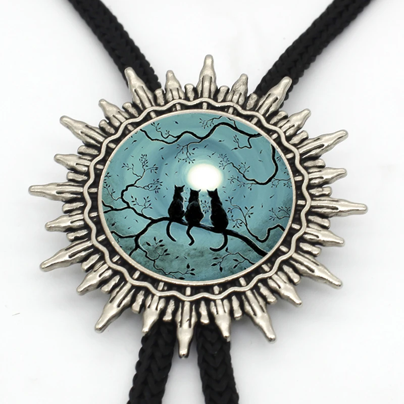BOLO-0047 New Arrival Night Sky Under Black Cat Vintage Bolo Tie Steampunk Glass Dome Cats a Full Moon Ties | Украшения и