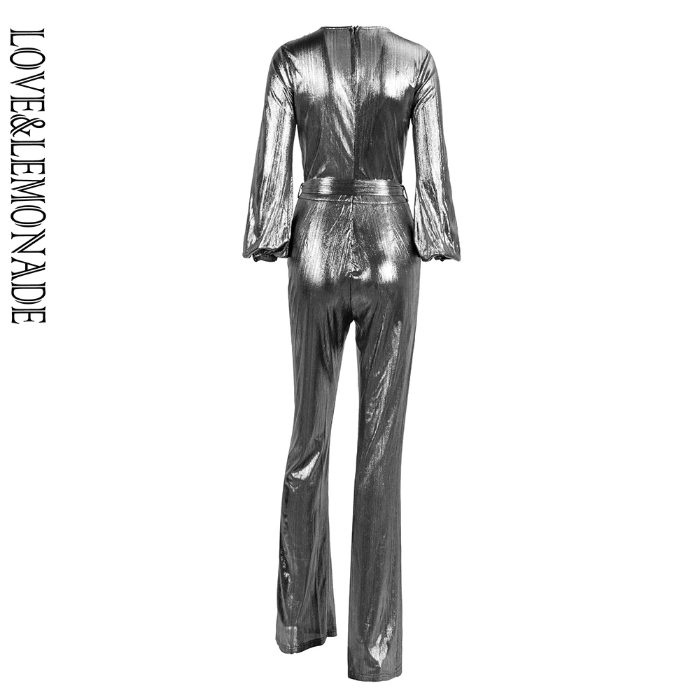 Love& Lemonade сексуальный v-образный вырез Серебряный светоотражающий длинный рукав выходящий комбинезон LM81646-1