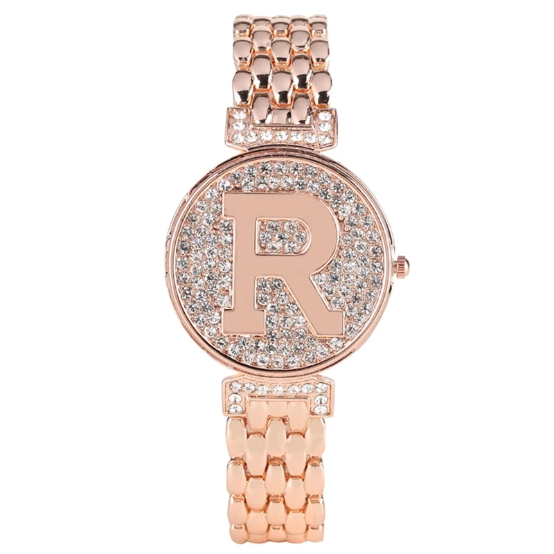 rose gold Часы с надписью R и кристаллами, Уникальные Кварцевые часы с откидной крышкой, модные шикарные повседневные женские часы-браслет, золотые женские часы - Цвет: rose gold