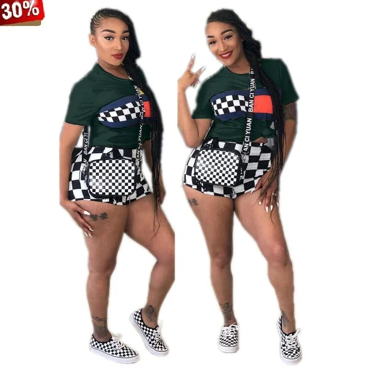 Клетчатый короткий костюм с принтом комплект 2019 года летний из двух предметов