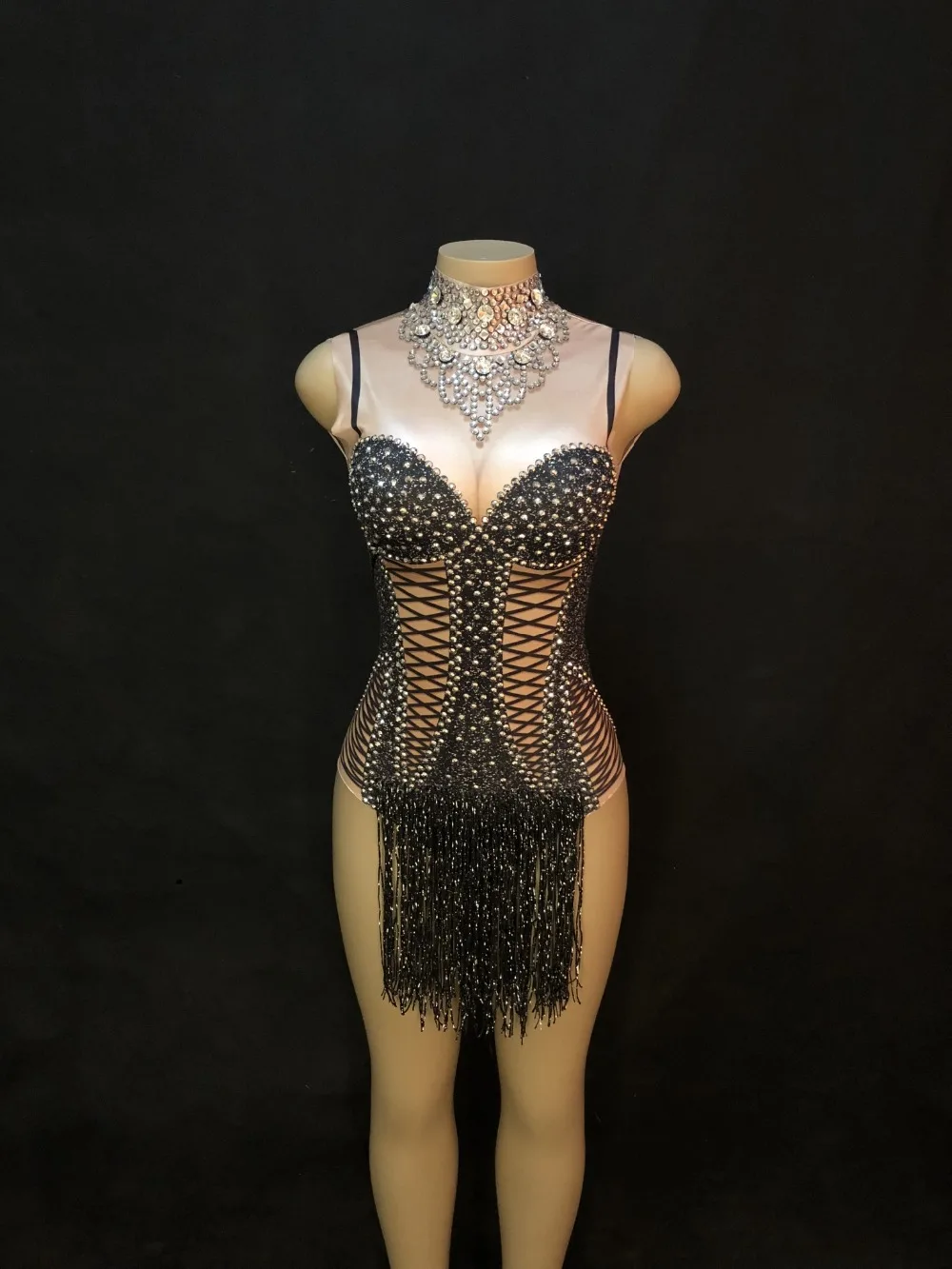 Women Sexy Stage Bodysuit Black Tassel Silver Sparkling Crystals Jumpsuit Nightclub Birthday Wedding Wear Singer Dance Costumes