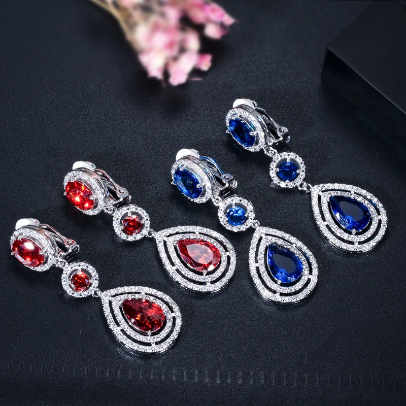 CWWZircons Высокое качество для женщин красный свадебный костюм ювелирные изделия длинная водяная капля клип на серьги без пирсинга клипсы для ушей CZ244
