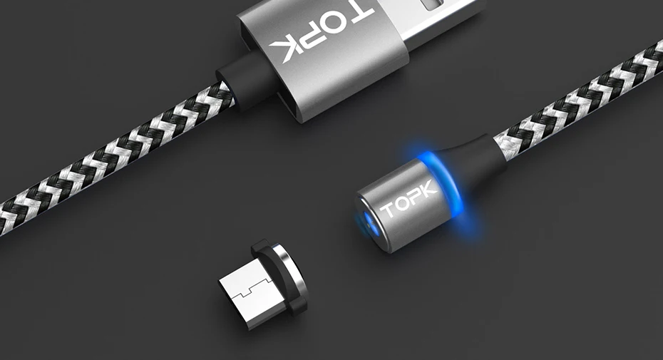TOPK R-Line3 Магнитный кабель Micro USB, нейлоновый плетеный кабель для мобильного телефона, светодиодный кабель для зарядки Micro USB